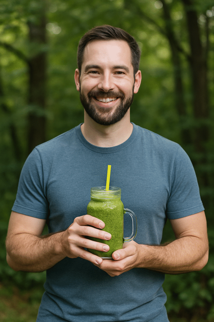 About Me 2 Ramsay holding a green wellness drink in a mason jar, smiling outdoors in a forest