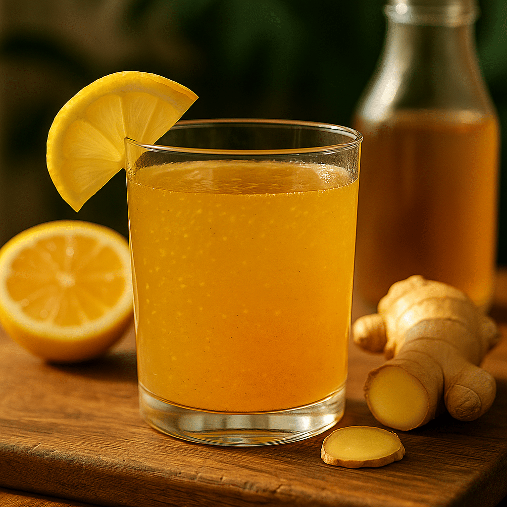 Brazilian Mounjaro Recipe: Powerful Natural Fat-Burning Drink 4 Brazilian Mounjaro drink with lemon and ginger on wooden board